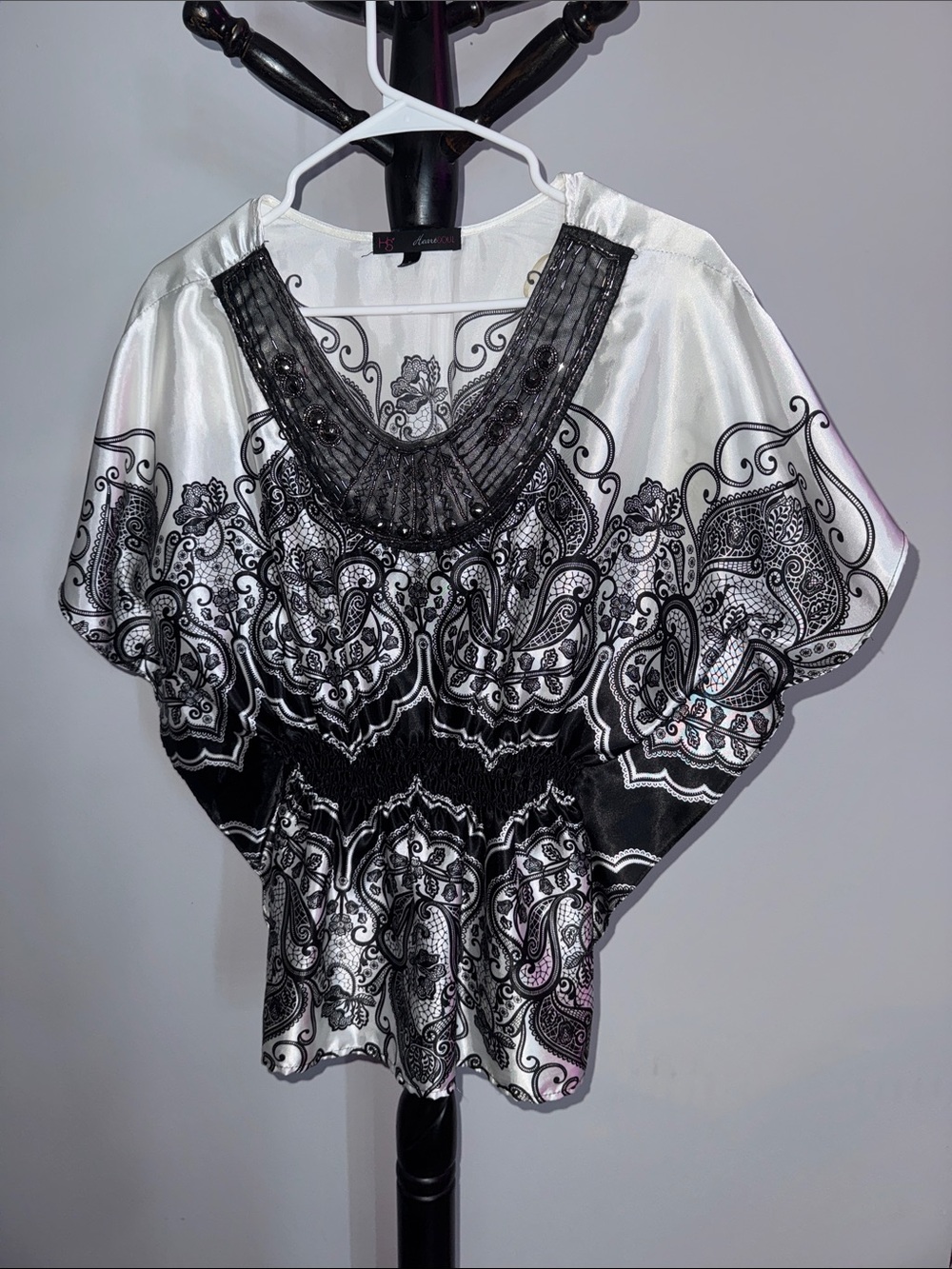 Embellished Black & White Paisley Satin Blouse 1.T
